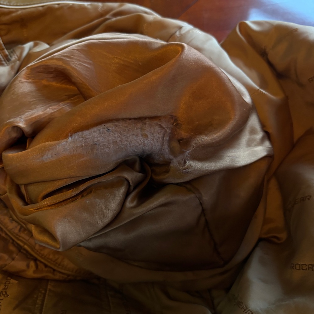 Men’s pre-owned Vintage Tan Rocawear Lamb’s Leather Bomber Coat - Picture 14 of 16